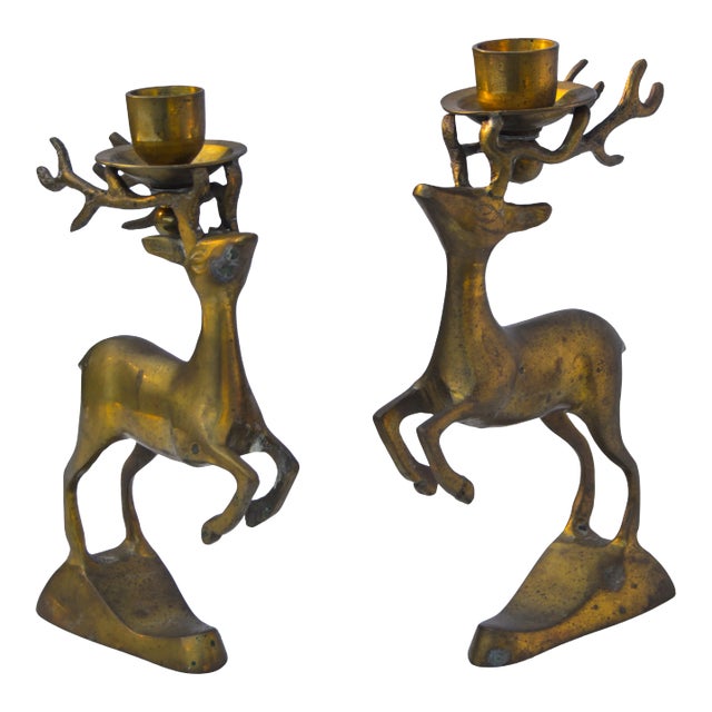 Brass Reindeer Candleholders- S/2 For Sale
