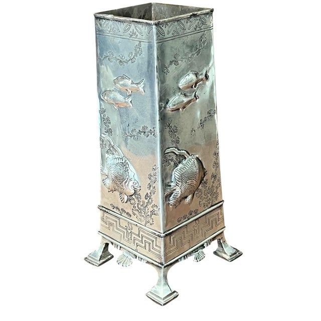 Vintage Footed Tiffany Style Silver Plate Vase With Sea Life Design and Greek Key Border. For Sale - Image 4 of 5