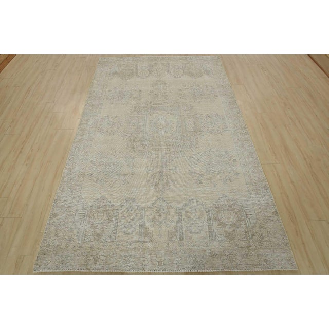 Farmhouse Tabriz Rug 5’11” X 9’2” Beige Wool Vintage Distressed Hand-Knotted Carpet For Sale - Image 3 of 15