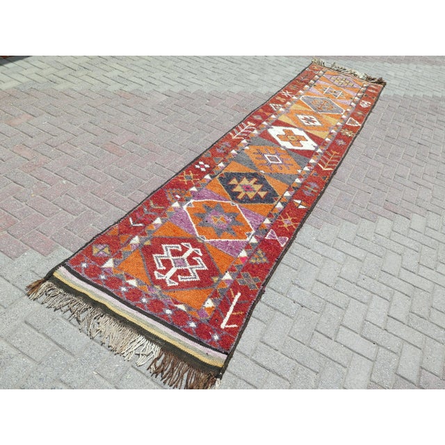 Mid 20th Century 70s Orangecolor Herki Carpet Runner Long Runner Rug For Sale - Image 5 of 11