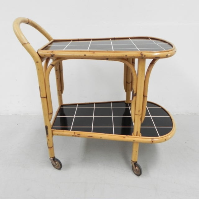 Mid-Century Modern Bamboo Serving Trolley on Castors, 1950s For Sale - Image 3 of 18