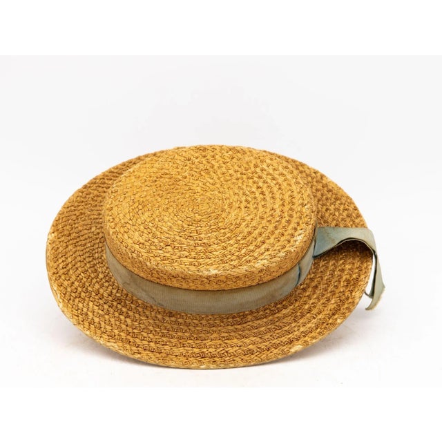 Textile Vintage Natural Straw Pale Blue Ribbon Bow Boater Hat, the Ridgemont Make, 1930s For Sale - Image 7 of 9
