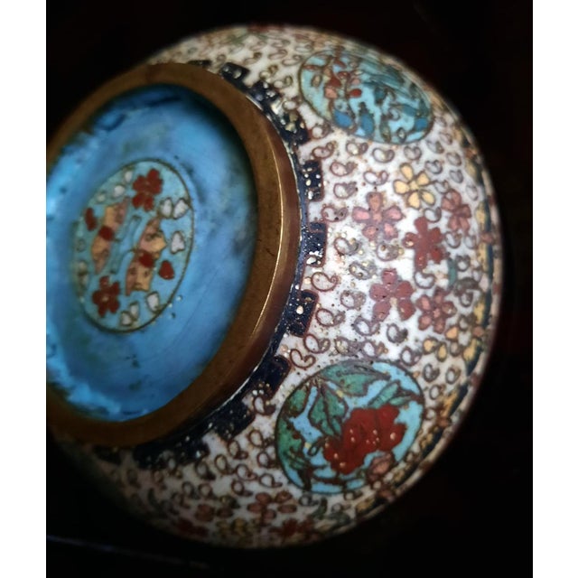 Metal Early 20th Century Meiji/Taisho Period Japanese Cloisonné Lidded Box or Jar With Crane Motif For Sale - Image 7 of 8