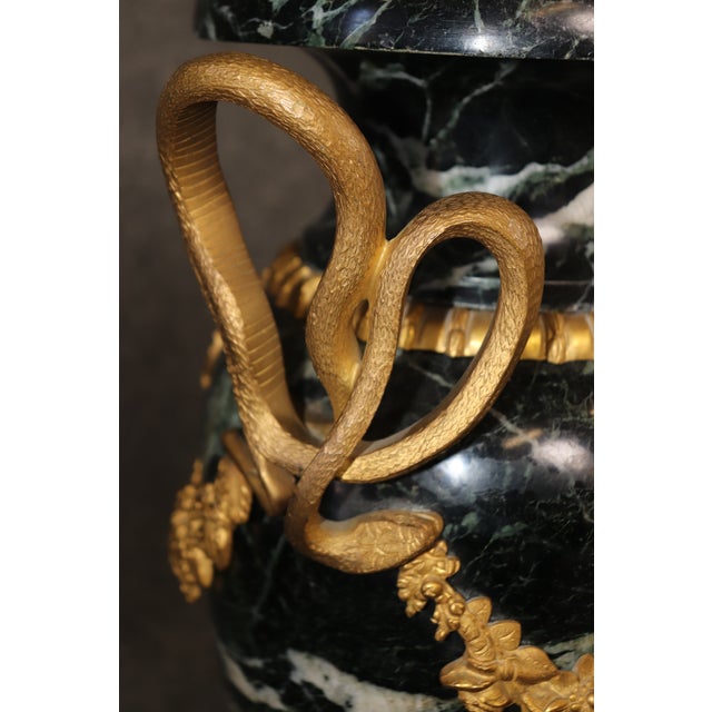 Dore' Bronze Mounted French Empire Verdi Marble Cassolettes With Serpents For Sale - Image 11 of 11