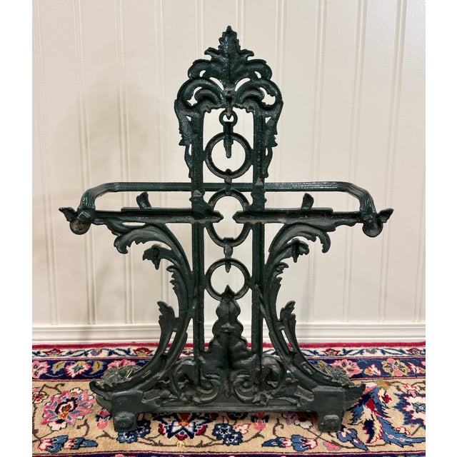 Antique English Gilt & Painted Cast Iron Umbrella Stick Cane Stand For Sale - Image 11 of 16