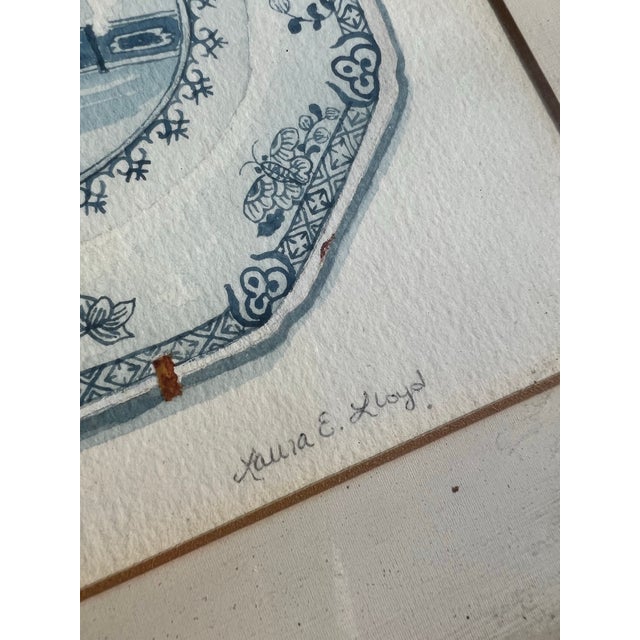 Blue and White Asian Signed Watercolor Painting, Framed For Sale - Image 4 of 5