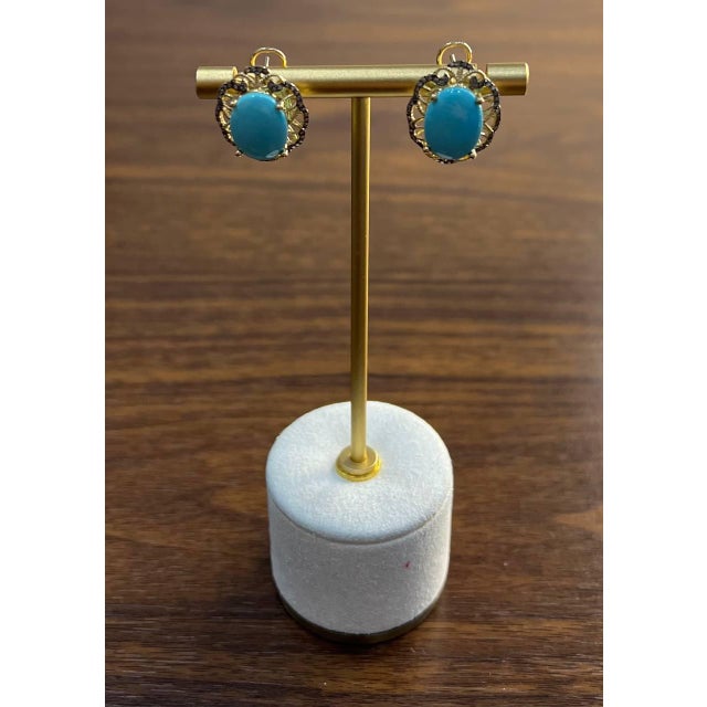 Metal Blue Teal Turquoise Diamonds Lattice 14k Yellow Gold Statement Earrings - Set of 2 For Sale - Image 7 of 12