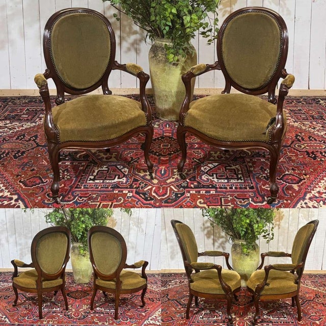 Pair of Napoleon III 19th century mahogany armchairs - W=65cm, H=98cm, seat H=45cm, D=67cm.