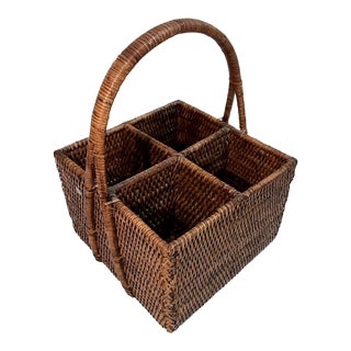 Mid 20th Century Vintage Wicker Rattan Utensil Caddy Basket For Sale