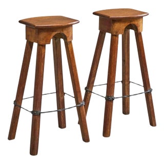 Mid-Century Bar Stools in Oak and Wrought Iron, 1940s, Set of 2 For Sale