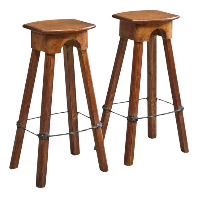 Mid-Century Bar Stools in Oak and Wrought Iron, 1940s, Set of 2 For Sale