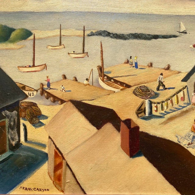 Frank Carson Vintage 1942 Modernist " Provincetown Bay Beach, Waterfront Seascape " Framed Original Signed Post-Impressionist Oil Painting For Sale - Image 13 of 16