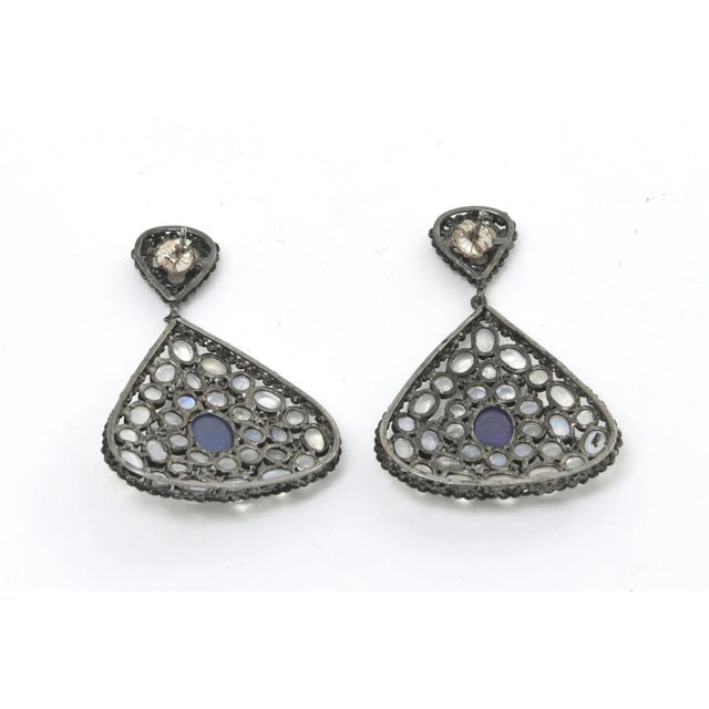 Gemstone Moonstone, Tanzanite and Black Diamond Dangle Drop Pierced Earrings , Blue Purple For Sale - Image 7 of 10