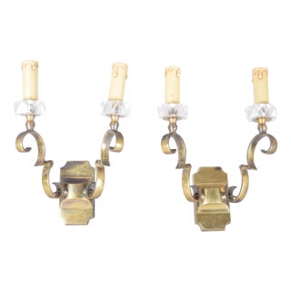 Scrolled Brass Wall Sconces with Crystal Bobeches attributed to Jules Leleu, 1950s, Set of 2 For Sale