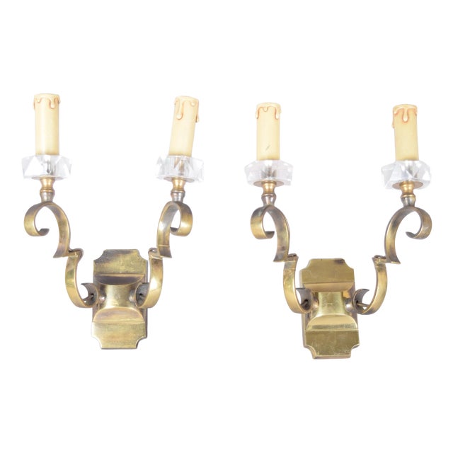 Scrolled Brass Wall Sconces with Crystal Bobeches attributed to Jules Leleu, 1950s, Set of 2 For Sale