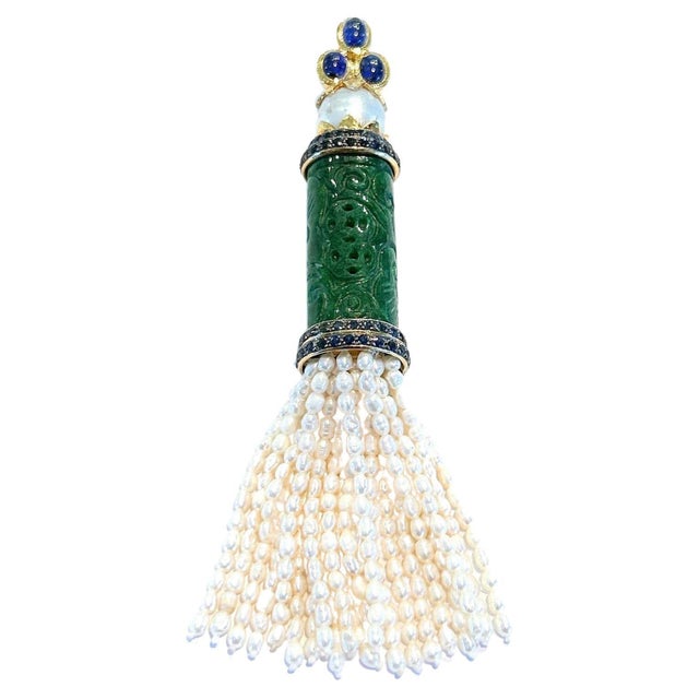Not Yet Made - Made To Order Bochic “Orient’ South Sea Pearl, Sapphire and Jade Pendant Set 18K Gold and Silver For Sale - Image 5 of 12
