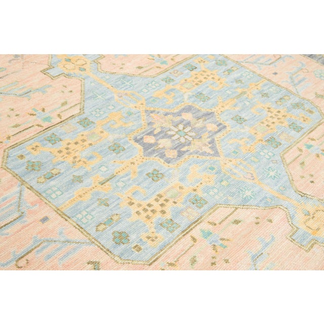 Peach Modern Handmade Oushak Style Wool Rug in Peach and Blue With Medallion Design For Sale - Image 8 of 9