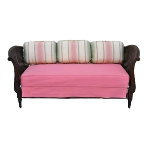 Antique 19th Century French Louis XVI Style Carved Walnut & Cane Pink Daybed Sofa