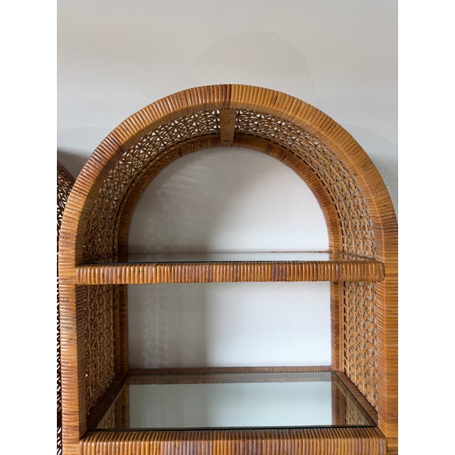 1970's Vintage Palm Beach Regency Style Arched Rattan & Glass Étagères – A Pair For Sale - Image 11 of 18