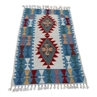 1980s Geometric Hand Knotted Wool Small Kilim Rug For Sale