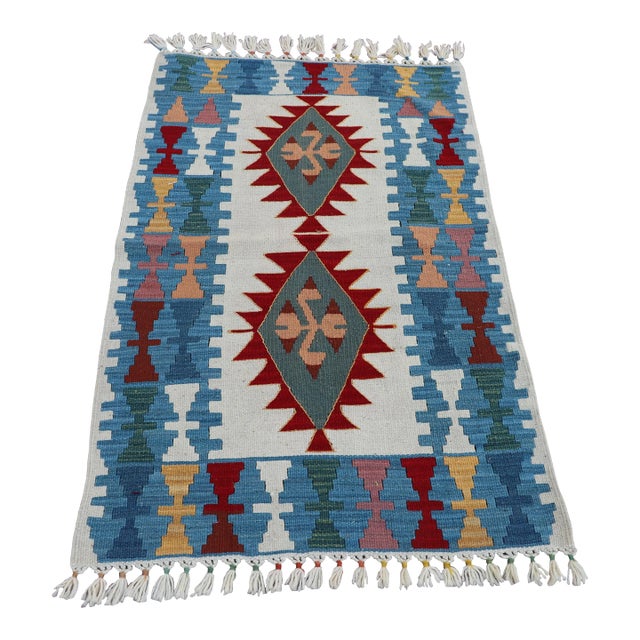 1980s Geometric Hand Knotted Wool Small Kilim Rug For Sale