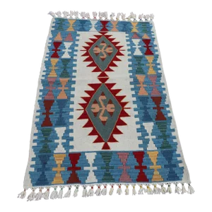 1980s Geometric Hand Knotted Wool Small Kilim Rug