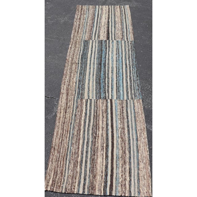 Ivory Modern Tribal Kilim Runner in Denim Blue, Brown, and Ivory Striped Design For Sale - Image 8 of 11