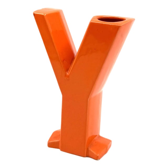 Space Age Orange Y Letter Shaped Ceramic Solifleur Vase by Marcel Radureau, 1970 For Sale