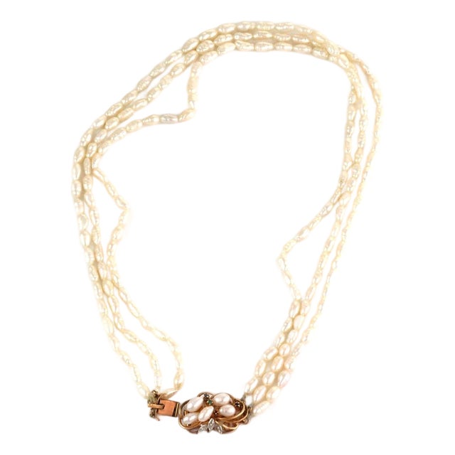 Diamond & Gems 14k Gold Three Strand Freshwater Rice Pearls Necklace For Sale