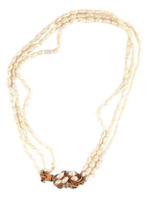 Diamond & Gems 14k Gold Three Strand Freshwater Rice Pearls Necklace