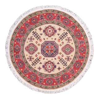 Shabby Chic Tribal Kazak Ivory/Red Wool Round Rug- 4'9''x4'11'' For Sale