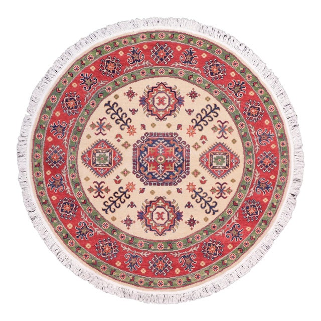 Shabby Chic Tribal Kazak Ivory/Red Wool Round Rug- 4'9''x4'11'' For Sale