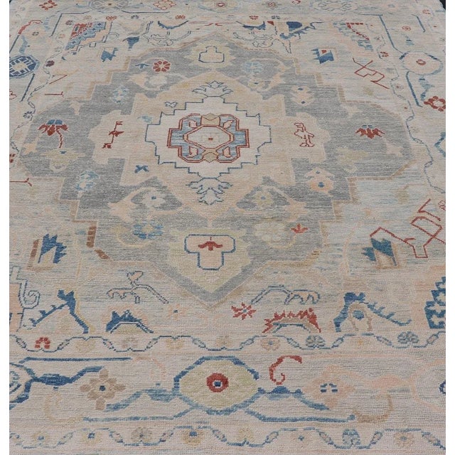 Traditional Modern Oushak Turkish Rug With All Over Design in Light Blue Ivory & Red For Sale - Image 3 of 12