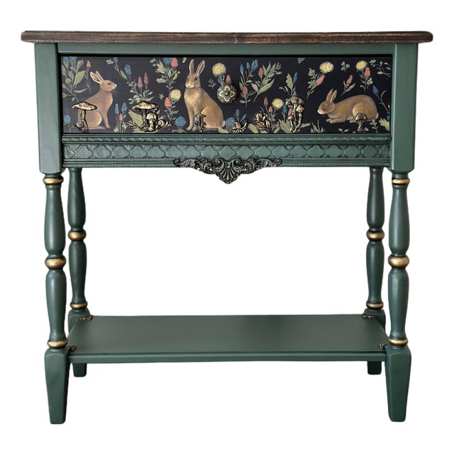 Hand-Painted Woodland Console Table With Rabbit & Forest Motif — One-of-a-Kind Art Furniture Entryway Accent For Sale