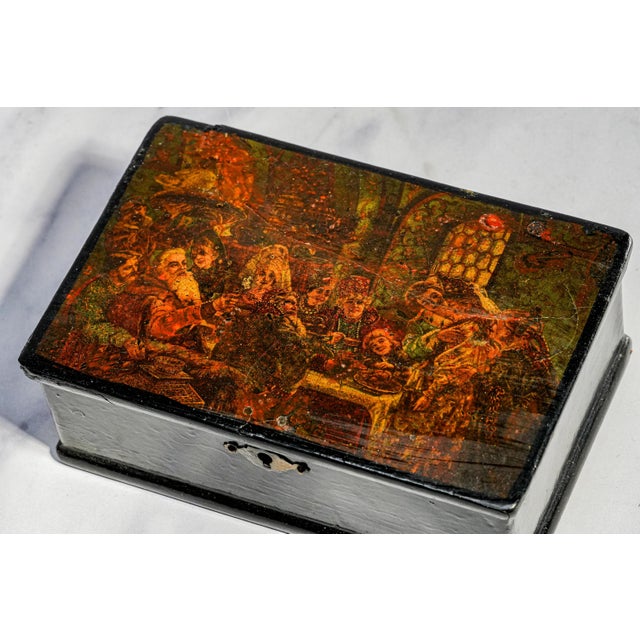 Victorian Nice 19th Century Antique Russian Hand Painted Boyar Wedding Feast Scene Lacquer Box With Key Old World European Home Decor For Sale - Image 3 of 12