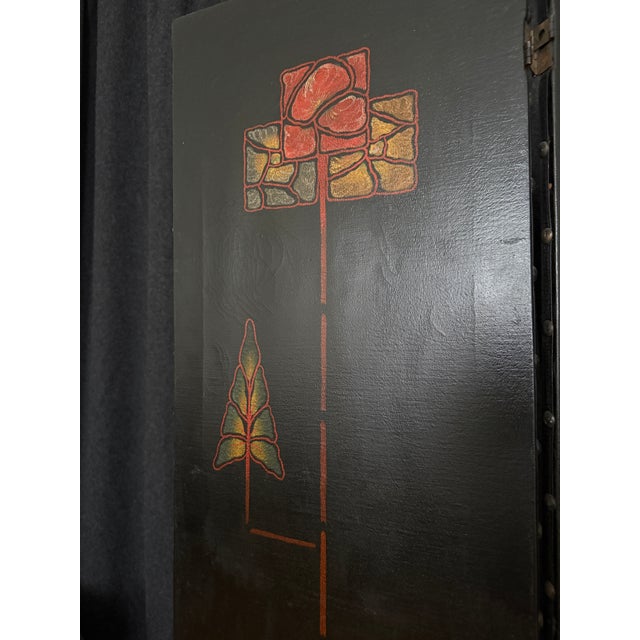 Black Arts & Crafts Hand Painted Leather Three Panel Mission Style Screen C1910 For Sale - Image 8 of 11