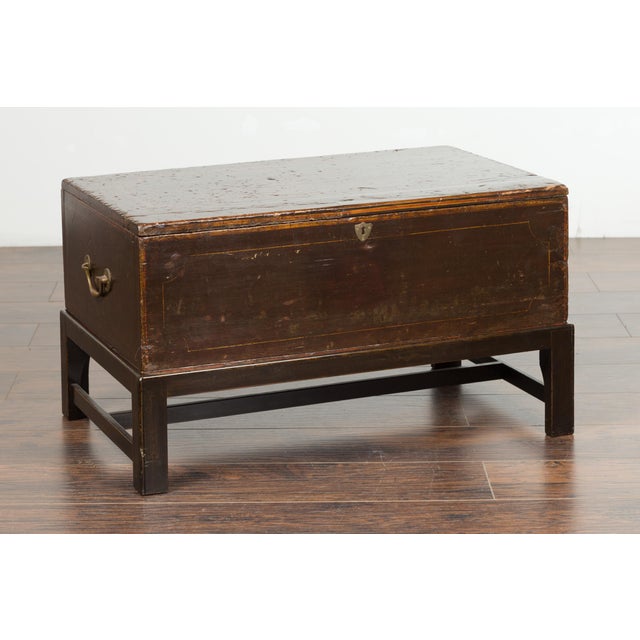 An English wooden box from the 19th century, mounted on a newer custom stand. Created in England during the 19th century,...