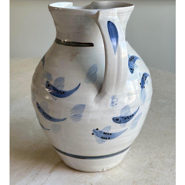 Shabby Chic Simon Pearce Large Miranda Thomas Blue Fish Ceramic Pitcher For Sale - Image 3 of 10