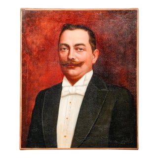 Refined Formal Victorian Era Tuxedo Gentleman Antique French Oil Painting on Canvas For Sale