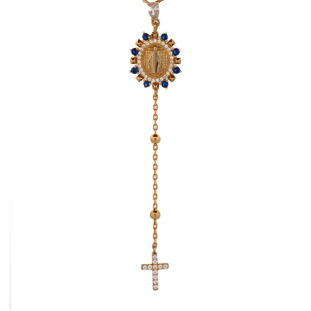 Sapphire & Diamond Virgin Mary Cross Pendant Gold Chain Necklace For Sale - Image 9 of 9