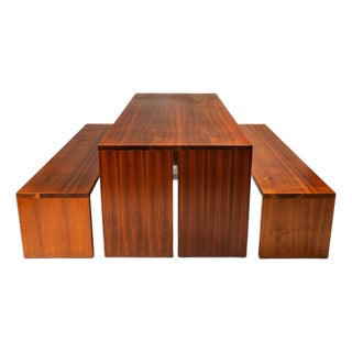 Substantial Handmade Minimalist MCM Custom-Made Studio / Gallery Dining Table W/ Matching Benches Set in Walnut, Usa, C. 1980s For Sale
