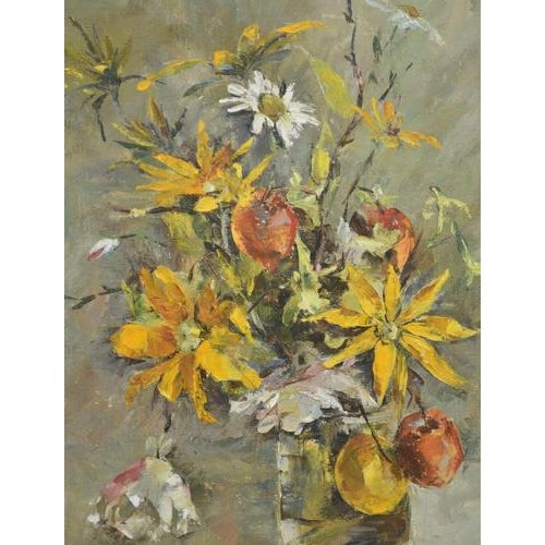 This expressive still life by Elizabeth Davis presents a loosely arranged bouquet of yellow flowers interspersed with...