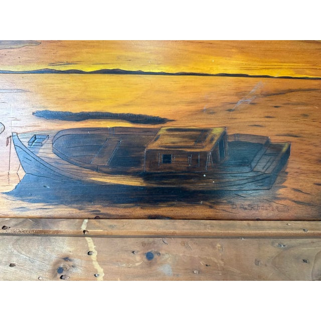 Amber 1976 Dyrick A. Schaefer “Sunset Boat on the Bay” Wood Art Panel For Sale - Image 8 of 12