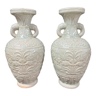 Pair of Chinese Art Celadon Porcelain Vase Raised Floral Design For Sale