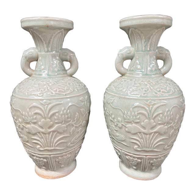 Pair of Chinese Art Celadon Porcelain Vase Raised Floral Design For Sale