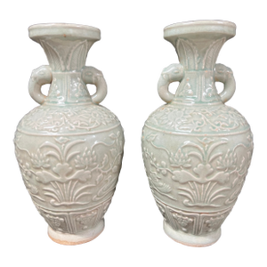 Pair of Chinese Art Celadon Porcelain Vase Raised Floral Design