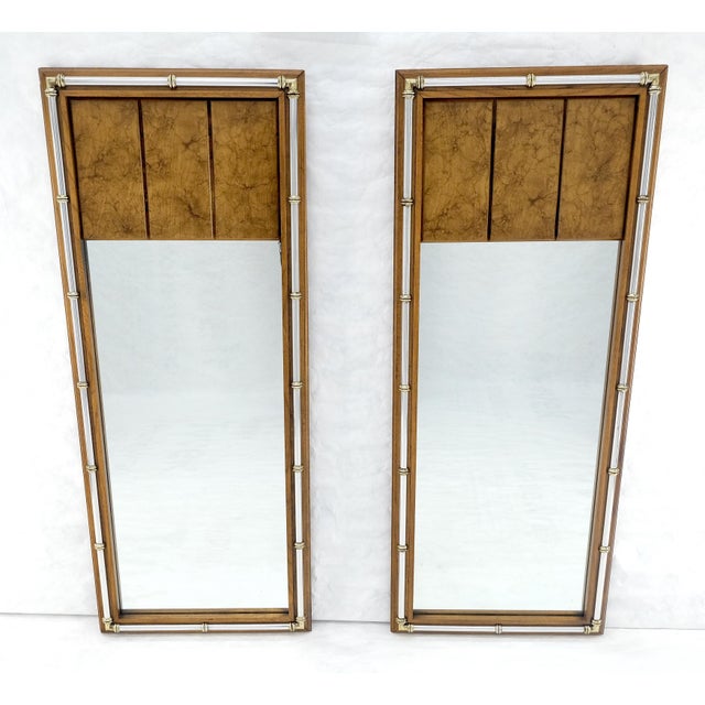 Pair of c1970s Mid Century Faux Bamboo Crome & Burl Rectangle Wall Mirrors MINT For Sale - Image 10 of 16