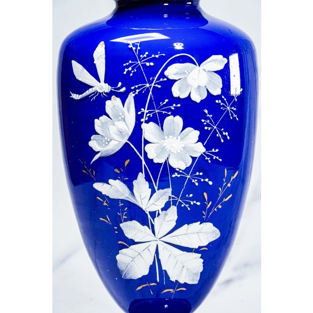 Striking Cobalt Blue and Hand Painted White Dragon Fly Flower Design Antique Victorian Decorative Vase For Sale - Image 4 of 17
