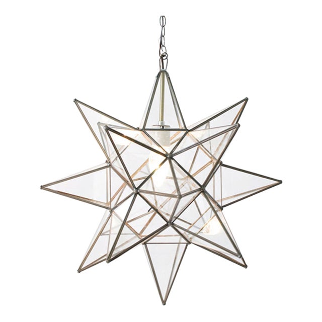 Matthew Izzo Home 20" Clear Glass Moravian Star Pendant Light With Oxidized Metal Trim For Sale