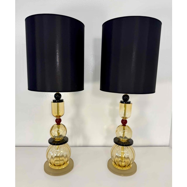 Italian Amber, Burgundy and Black Murano Glass Table Lamps, 2000s, Set of 2 For Sale - Image 10 of 14